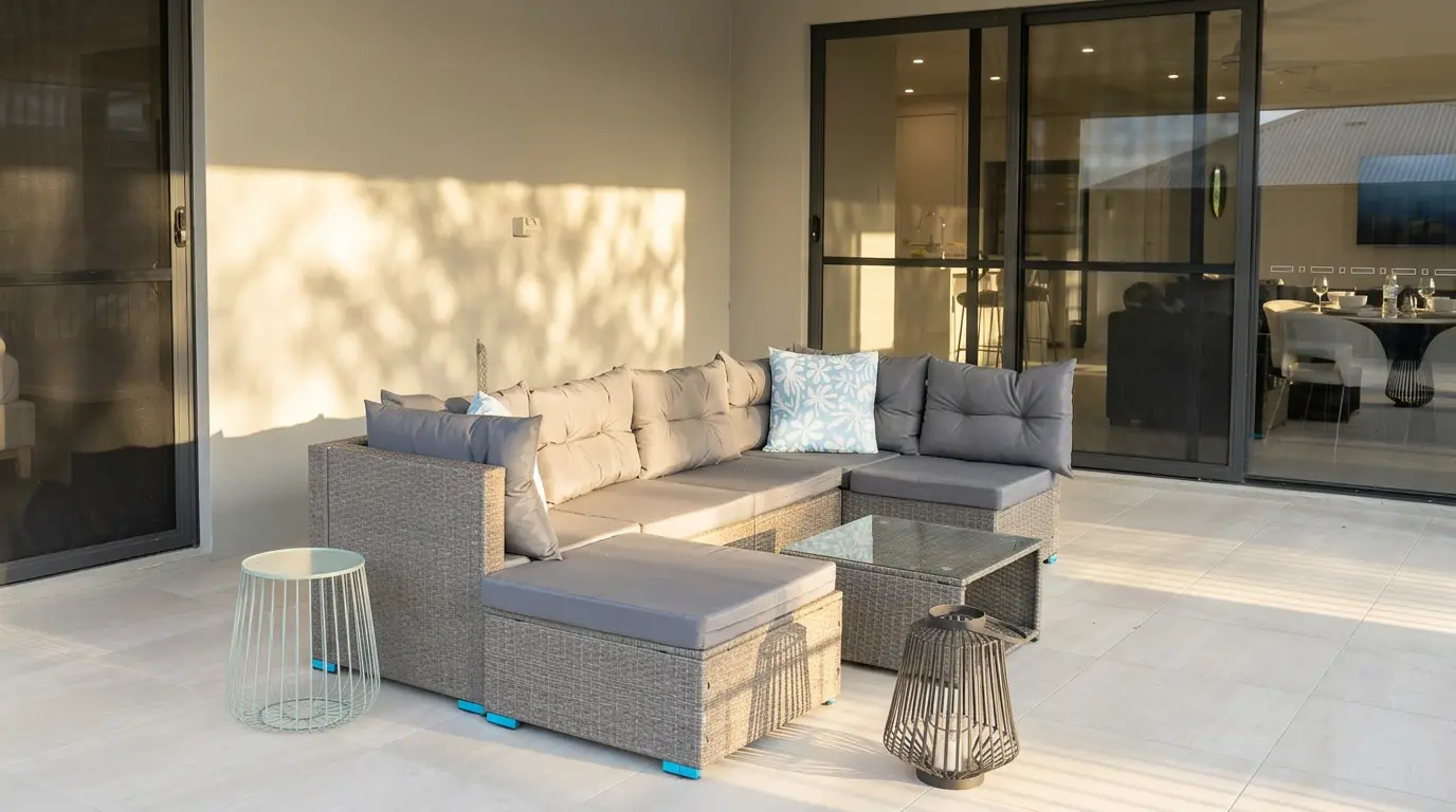 Greenbank Oasis covered outdoor entertaining area with rattan modular lounge, ottoman and side tables — open to the kitchen and dining inside
