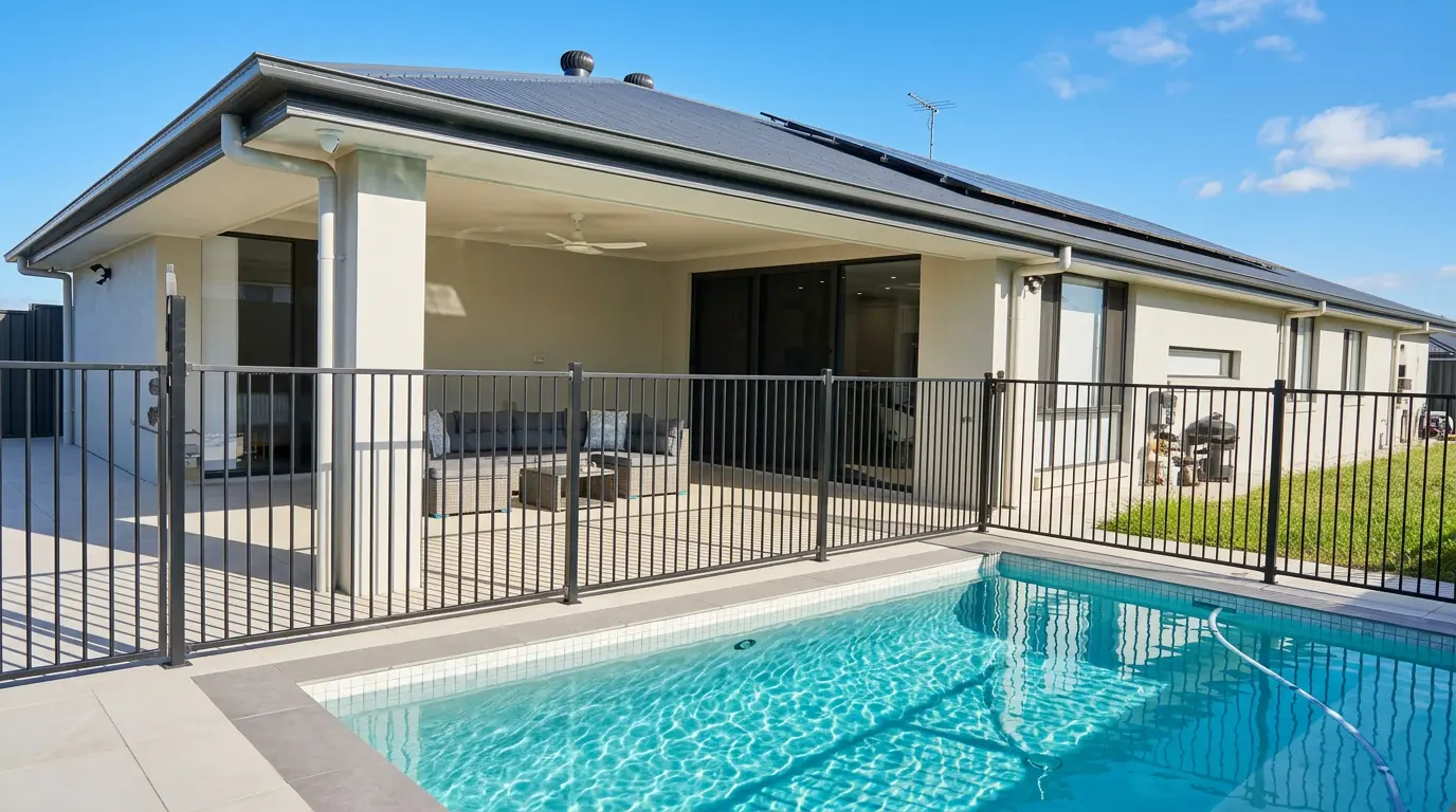 Greenbank Oasis backyard with private swimming pool, covered alfresco lounge area, BBQ and solar panels — outdoor living for extended stays in Brisbane