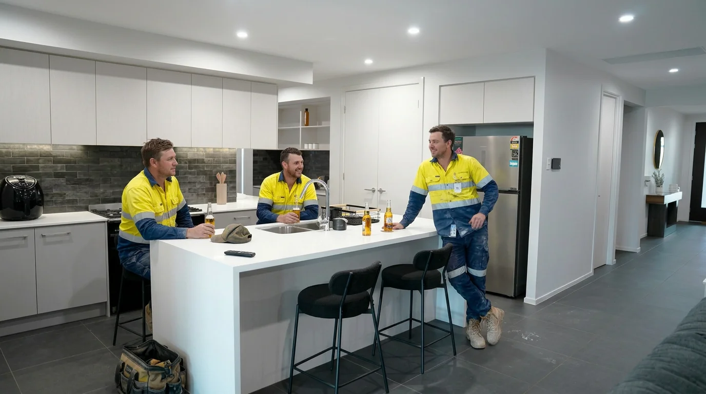 Three workers in hi-vis uniforms relaxing in the kitchen at SafeStayz corporate accommodation in Brisbane — Greenbank Oasis offers furnished homes for trades, project teams and FIFO workers