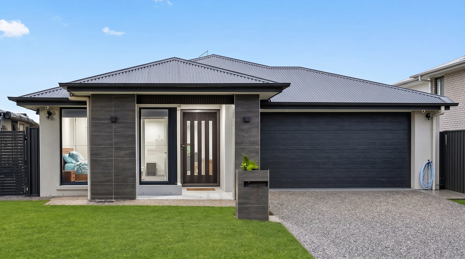Front exterior of Greenbank Oasis SafeStayz furnished accommodation in Brisbane southside, a modern single-storey home with double garage, contemporary cladding and landscaped front lawn