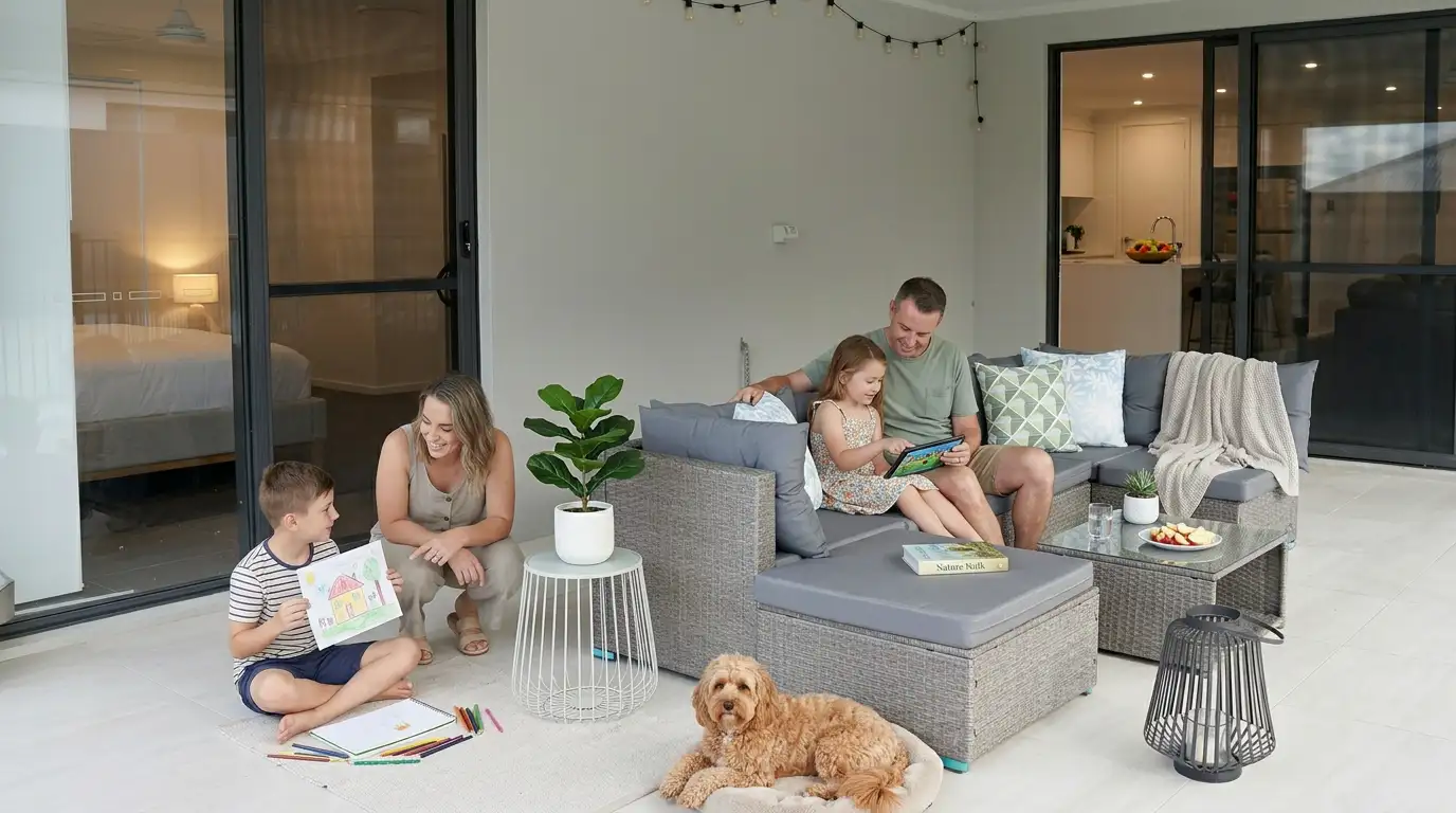 Family with children and dog relaxing on the outdoor courtyard at Greenbank Oasis SafeStayz pet-friendly accommodation in Brisbane southside