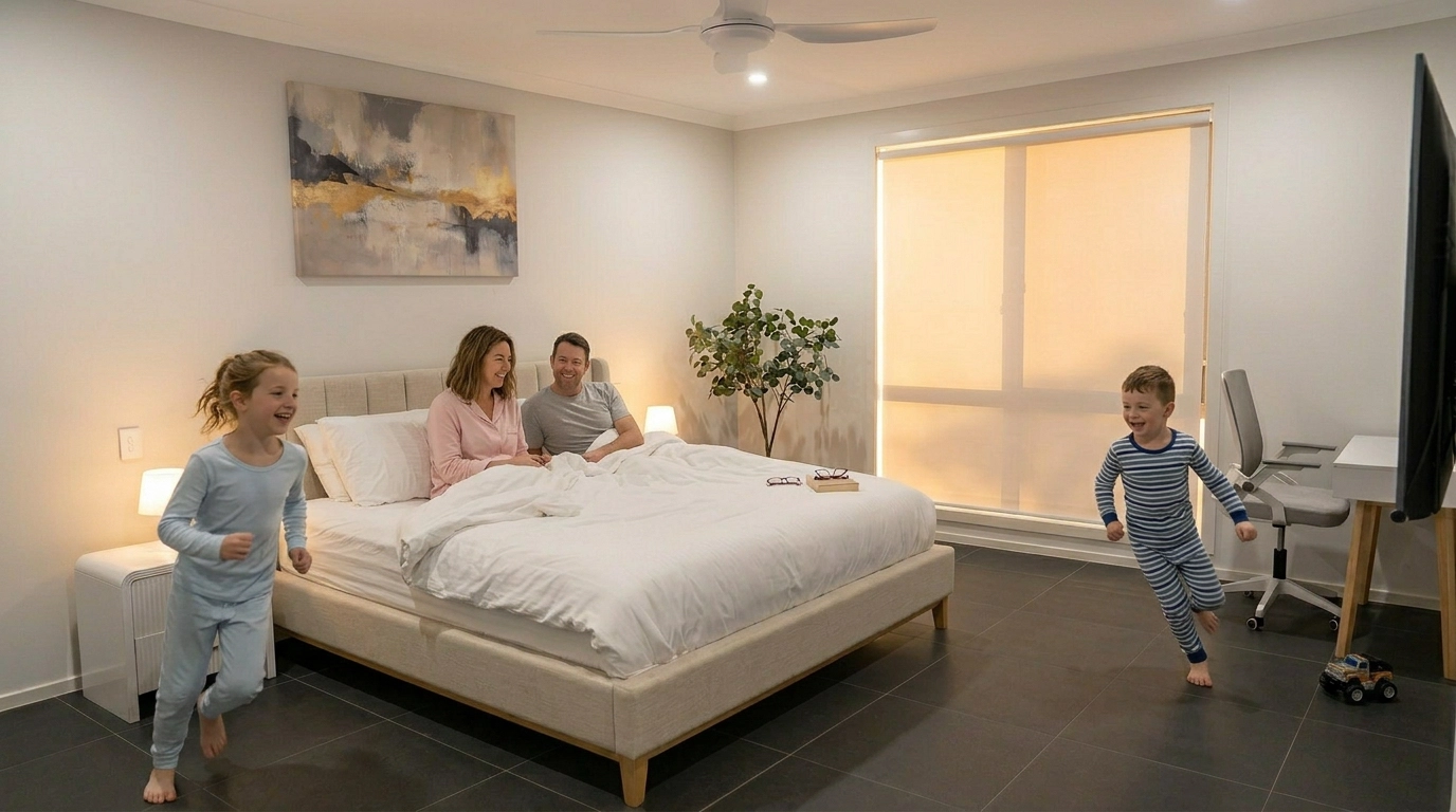 Family relaxing together in the master bedroom at SafeStayz insurance accommodation in Brisbane — children playing while parents enjoy a quiet morning at Greenbank Oasis