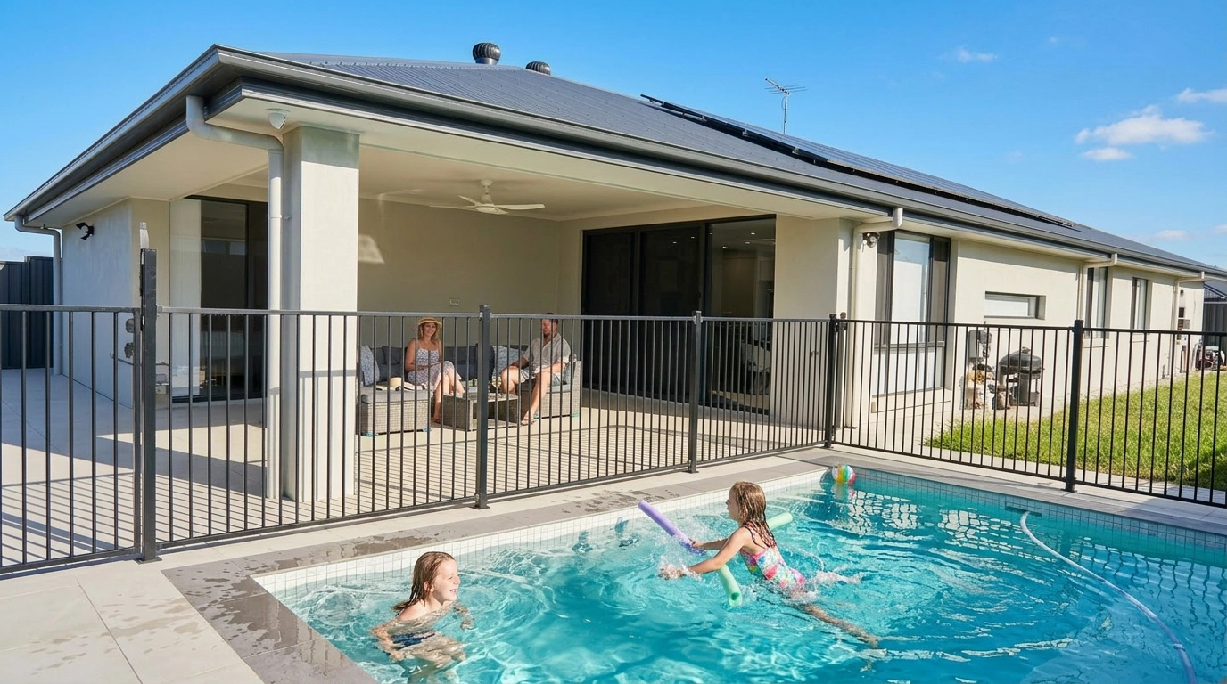 Family settling into SafeStayz interstate relocation accommodation in Brisbane — children playing in the private pool while parents relax on the alfresco lounge at Greenbank Oasis