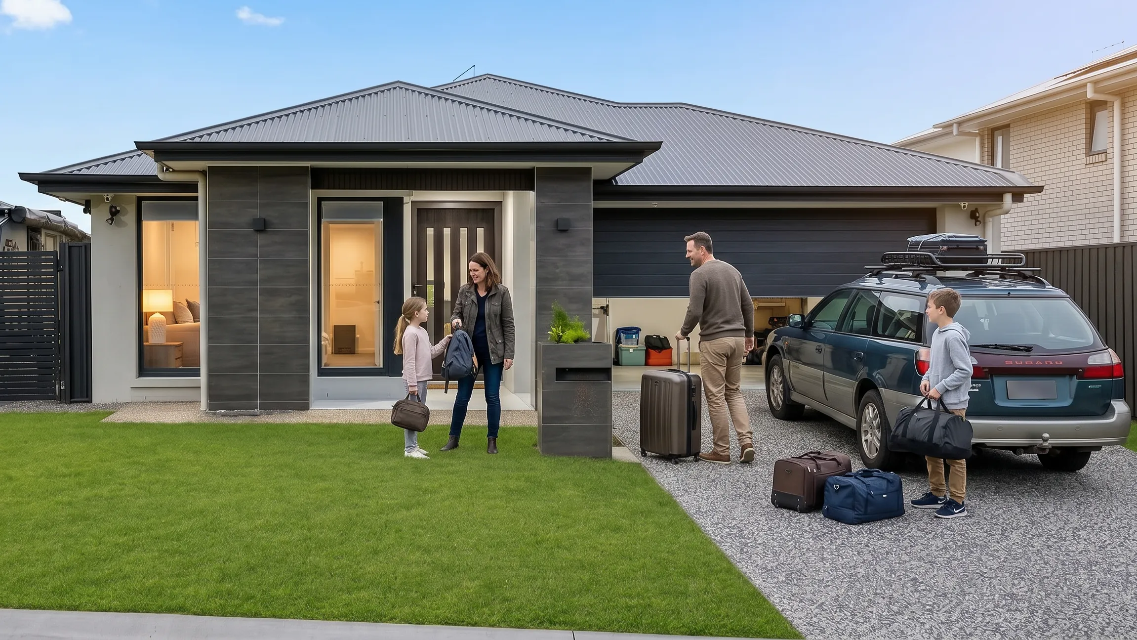 Family arriving with luggage at SafeStayz furnished accommodation in Brisbane — Greenbank Oasis offers fully furnished homes for insurance, long-stay and corporate guests